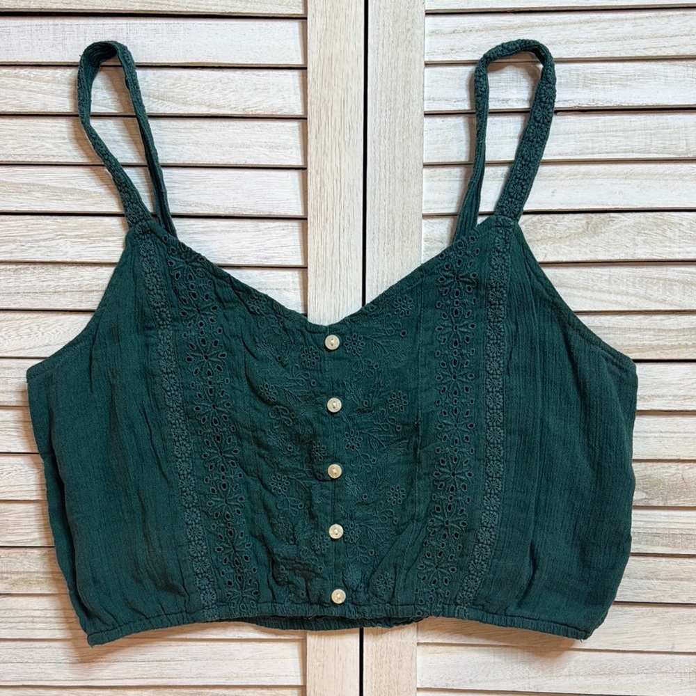 Green Button-Up Lace Detail Crop Top